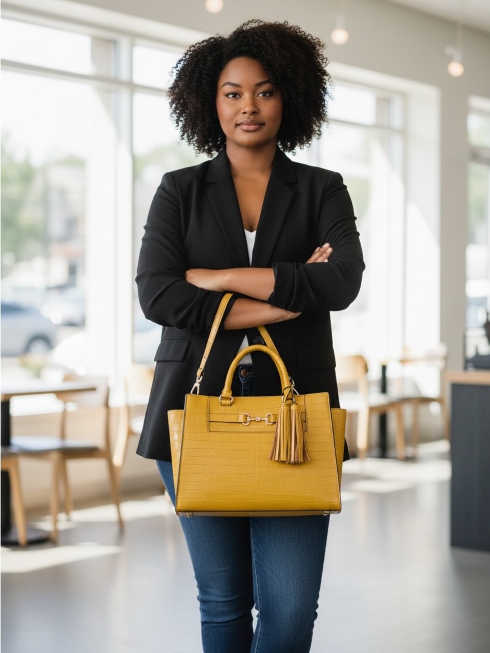 Anne Klein Croc-Embossed Yellow Satchel with Tassel Accent
